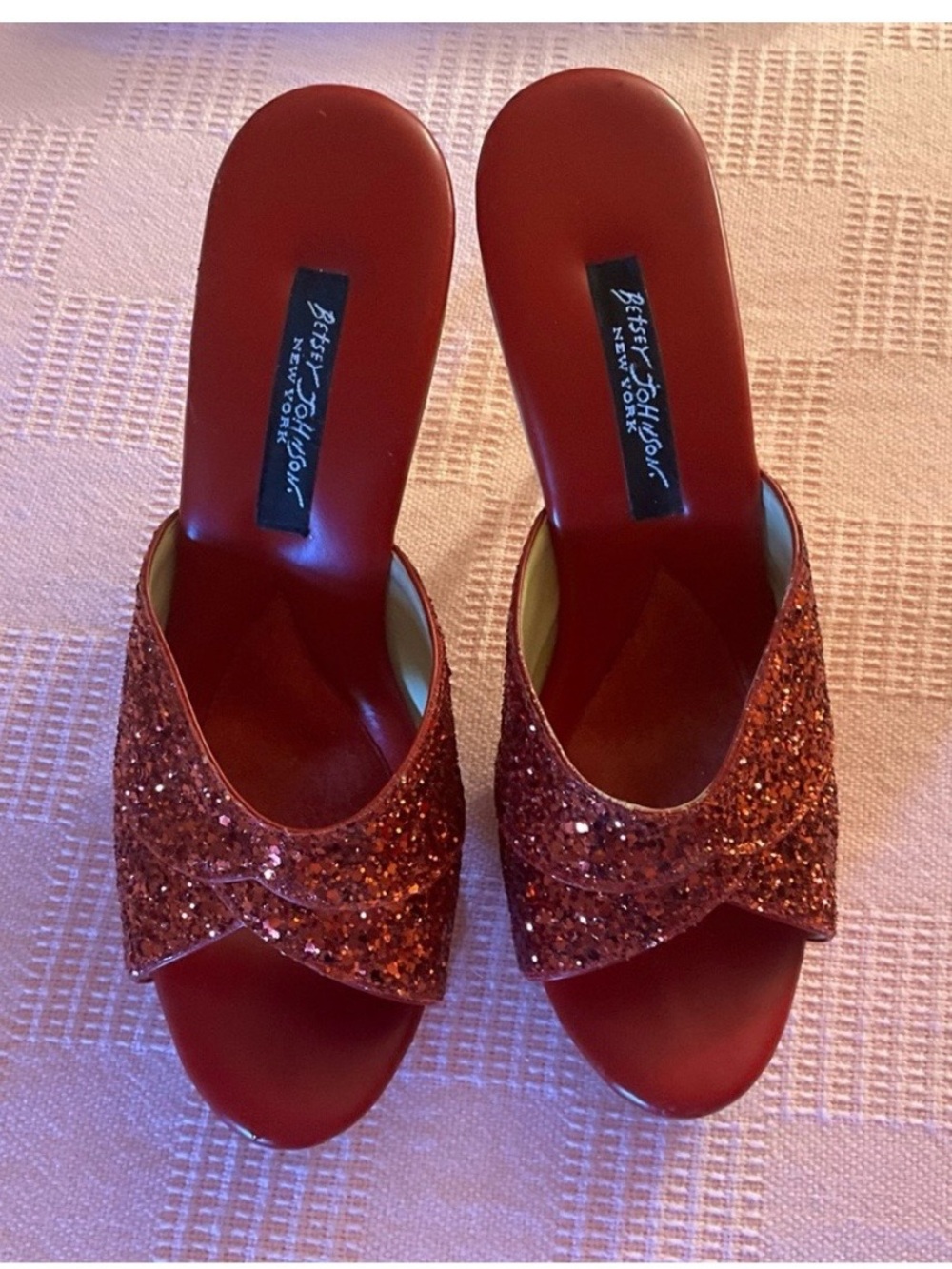 Betsey Johnson Red Glitter Crossover Slide Mules
